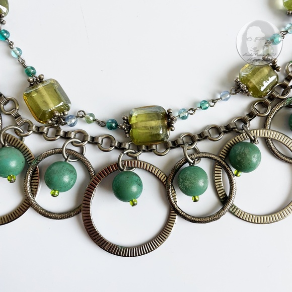 Treska Necklace Choker Beads Silver Metal Rings Stones Multi-Chain Mod Chic - Picture 3 of 10